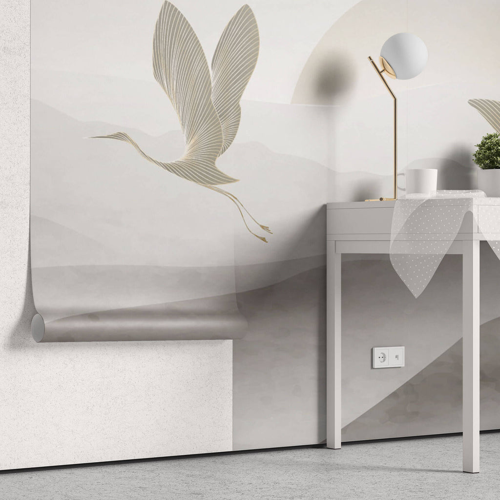 Tapet Zen Oriental cu egrete ilustrate in stil abstract pe un fundal in nuante de gri - HEAVEN CRANES