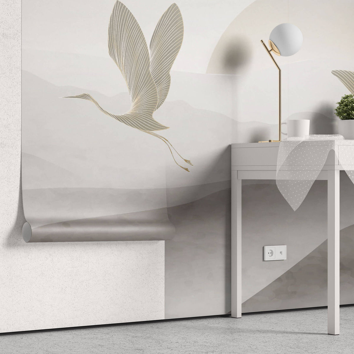Tapet Zen Oriental cu egrete ilustrate in stil abstract pe un fundal in nuante de gri - HEAVEN CRANES