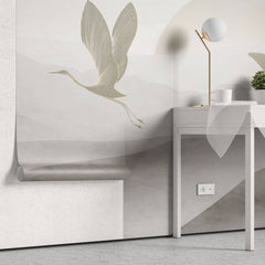 Tapet Zen Oriental cu egrete ilustrate in stil abstract pe un fundal in nuante de gri - HEAVEN CRANES