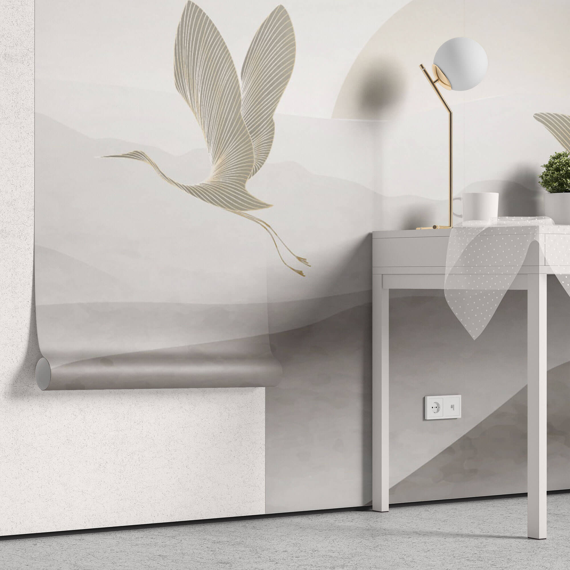 Tapet Zen Oriental cu egrete ilustrate in stil abstract pe un fundal in nuante de gri - HEAVEN CRANES