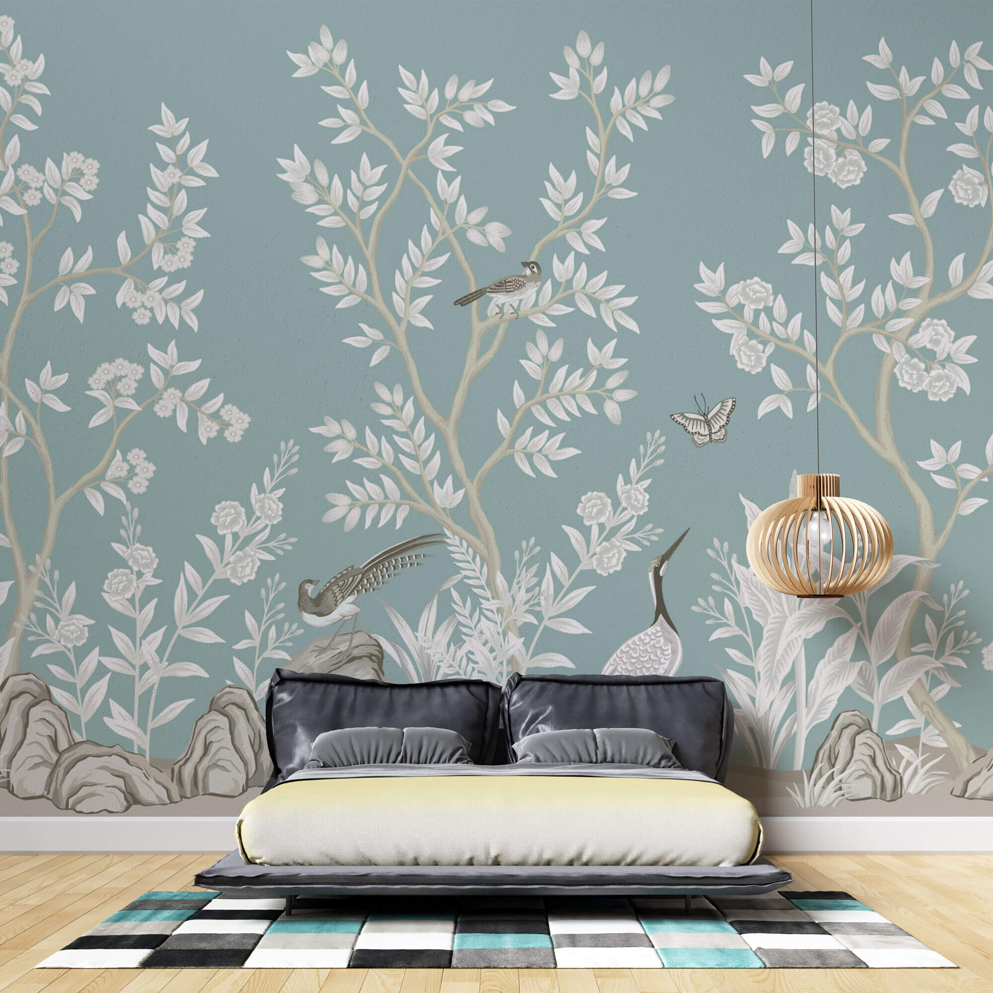 Tapet Zen Oriental cu gradina in stil chinoiserie cu pasari - MINT WHITE CHINOISERIE
