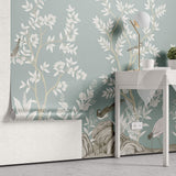 Tapet Zen Oriental cu gradina in stil chinoiserie cu pasari - MINT WHITE CHINOISERIE