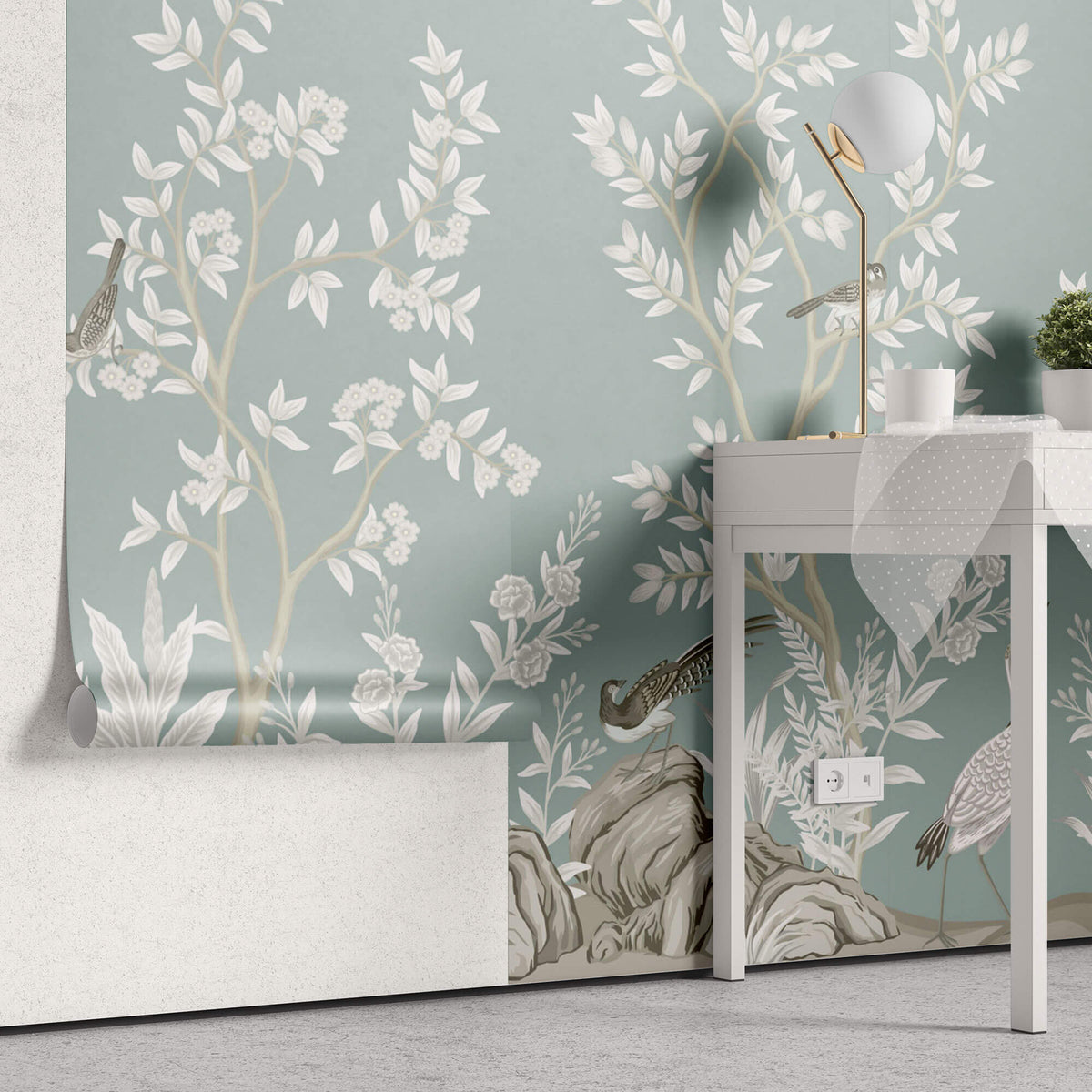 Tapet Zen Oriental cu gradina in stil chinoiserie cu pasari - MINT WHITE CHINOISERIE