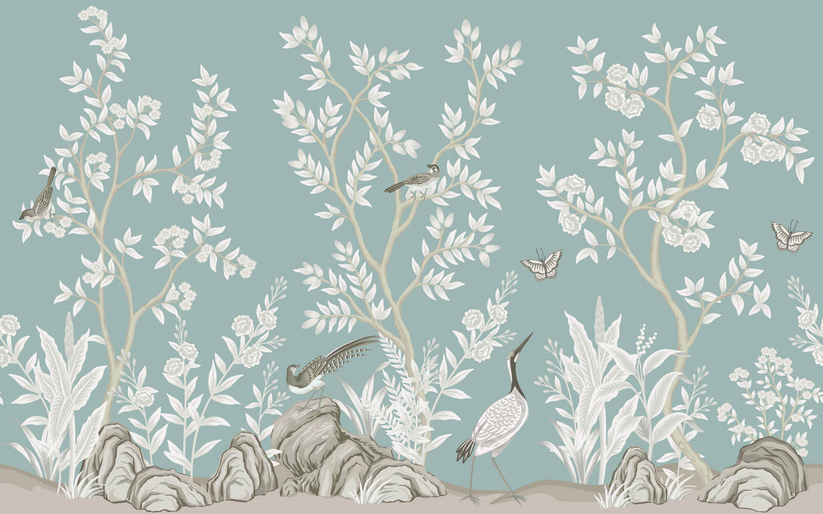 Tapet Zen Oriental cu gradina in stil chinoiserie cu pasari - MINT WHITE CHINOISERIE