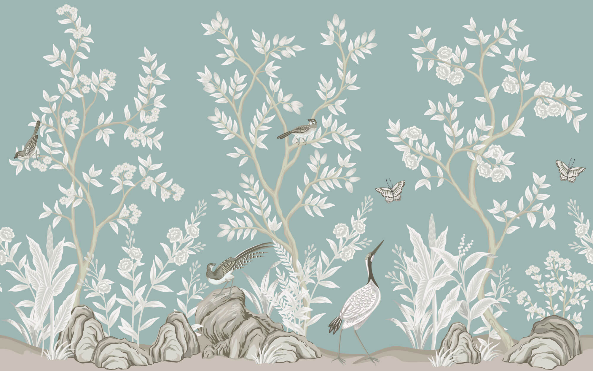Tapet Zen Oriental cu gradina in stil chinoiserie cu pasari - MINT WHITE CHINOISERIE