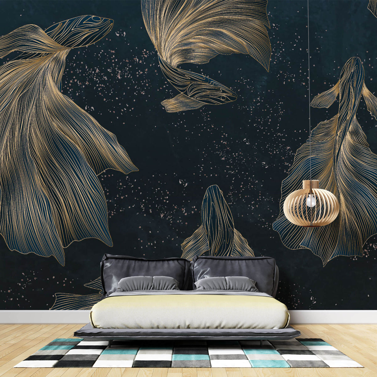 Tapet Zen Oriental cu pesti aurii asiatici ilustrati in stil abstract - ORIENTAL GOLD FISH