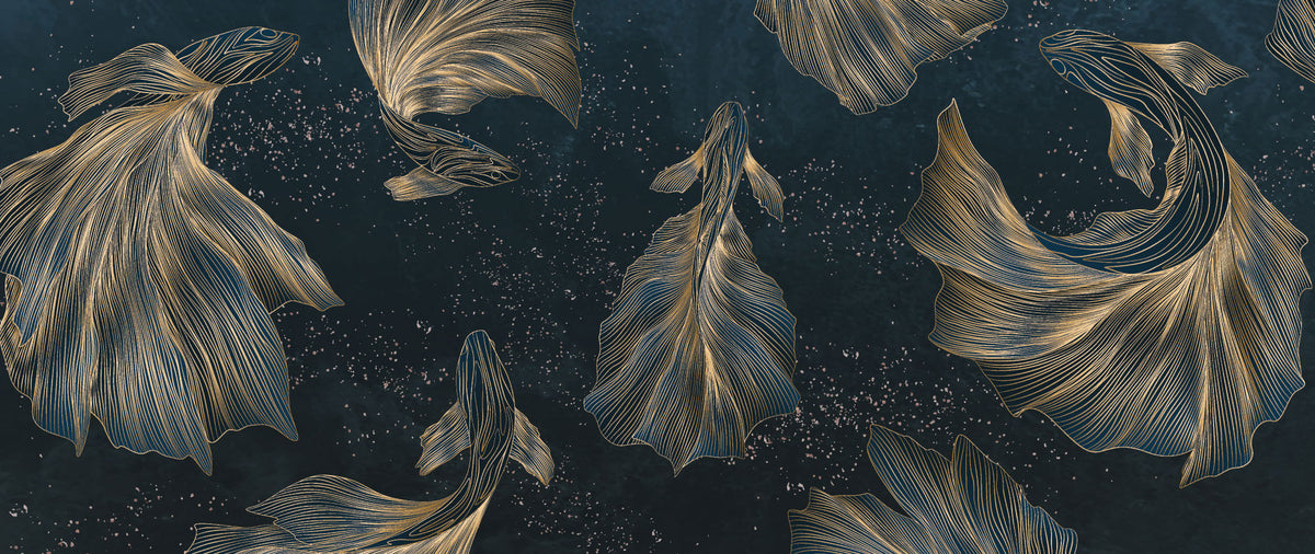 Tapet Zen Oriental cu pesti aurii asiatici ilustrati in stil abstract - ORIENTAL GOLD FISH