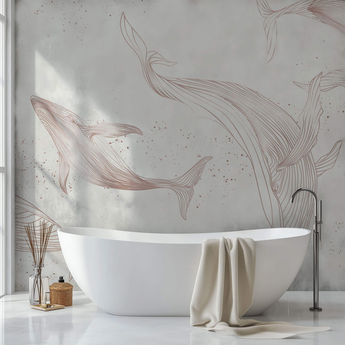 Tapet Zen Oriental cu balena asiatica ilustrata - GENTLE DANCING WHALES