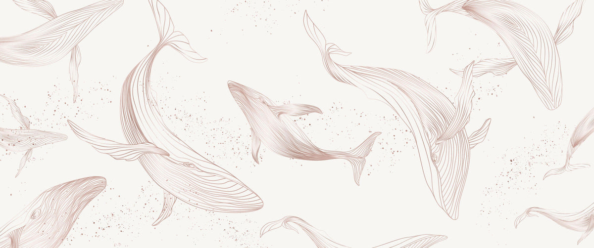 Tapet Zen Oriental cu balena asiatica ilustrata - GENTLE DANCING WHALES