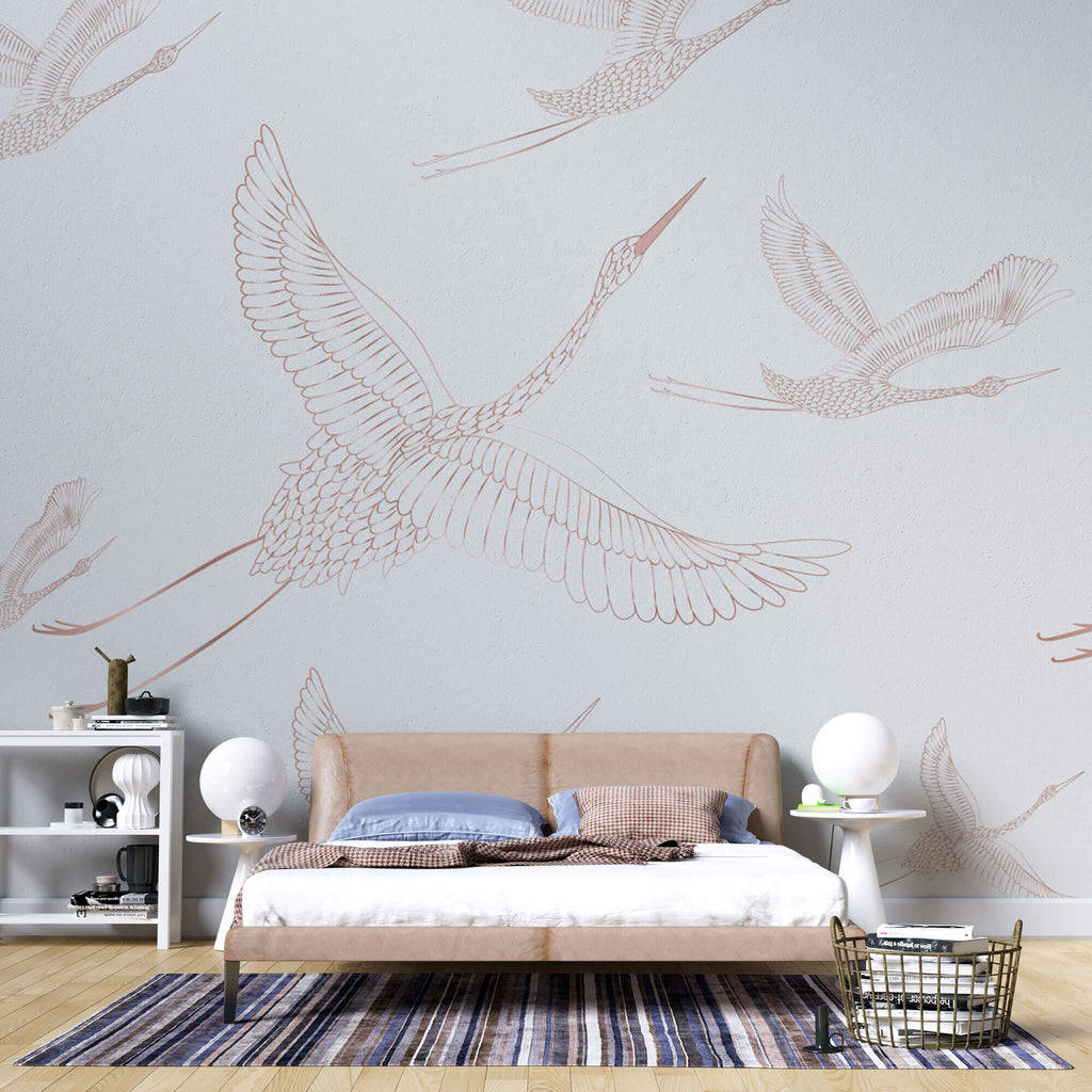 Tapet Zen Oriental cu egrete ilustrate - FLYING CRANES PATERN