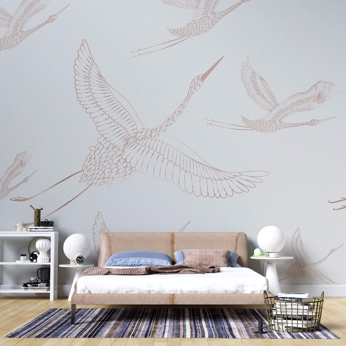 Tapet Zen Oriental cu egrete ilustrate - FLYING CRANES PATERN