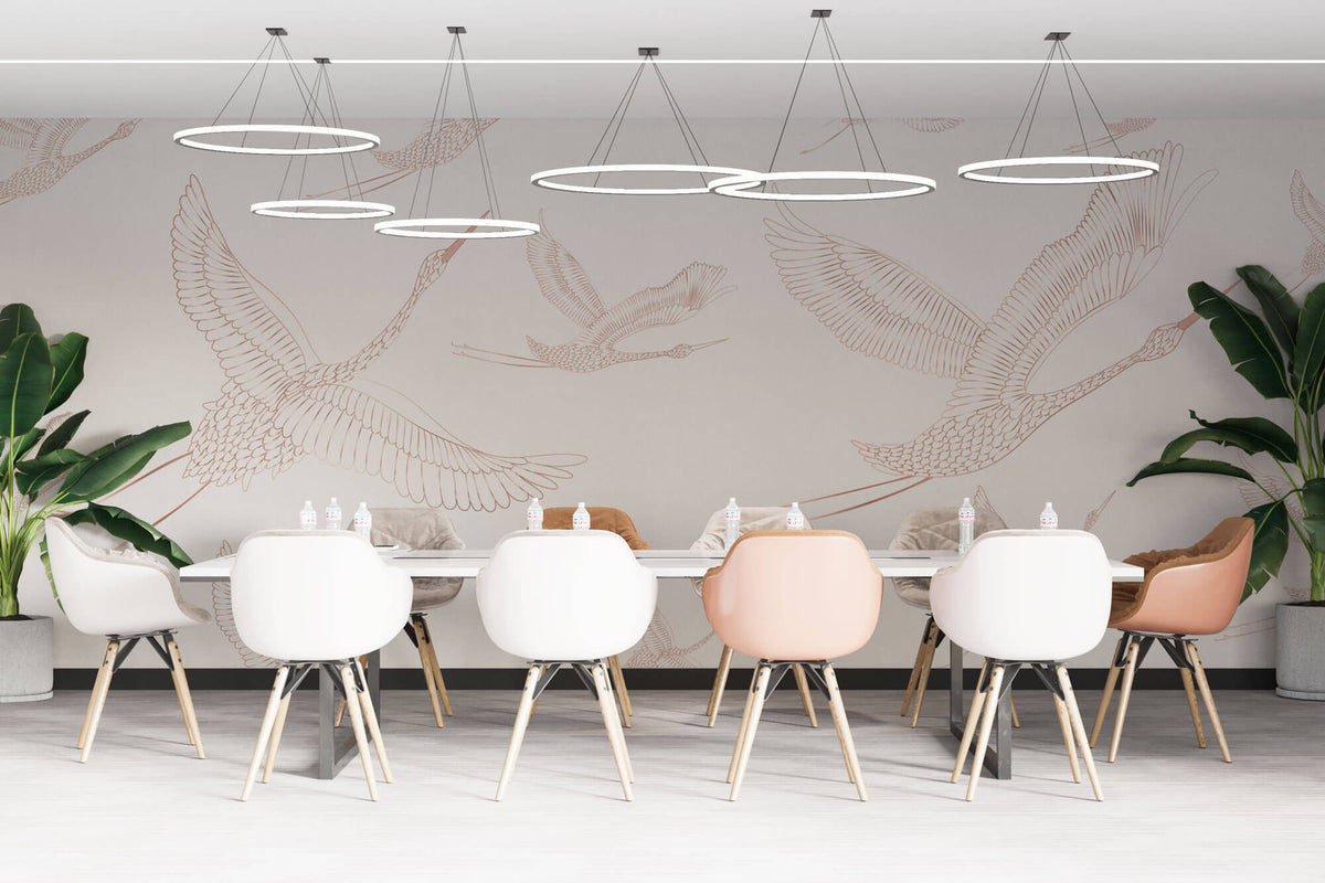 Tapet Zen Oriental cu egrete ilustrate - FLYING CRANES PATERN