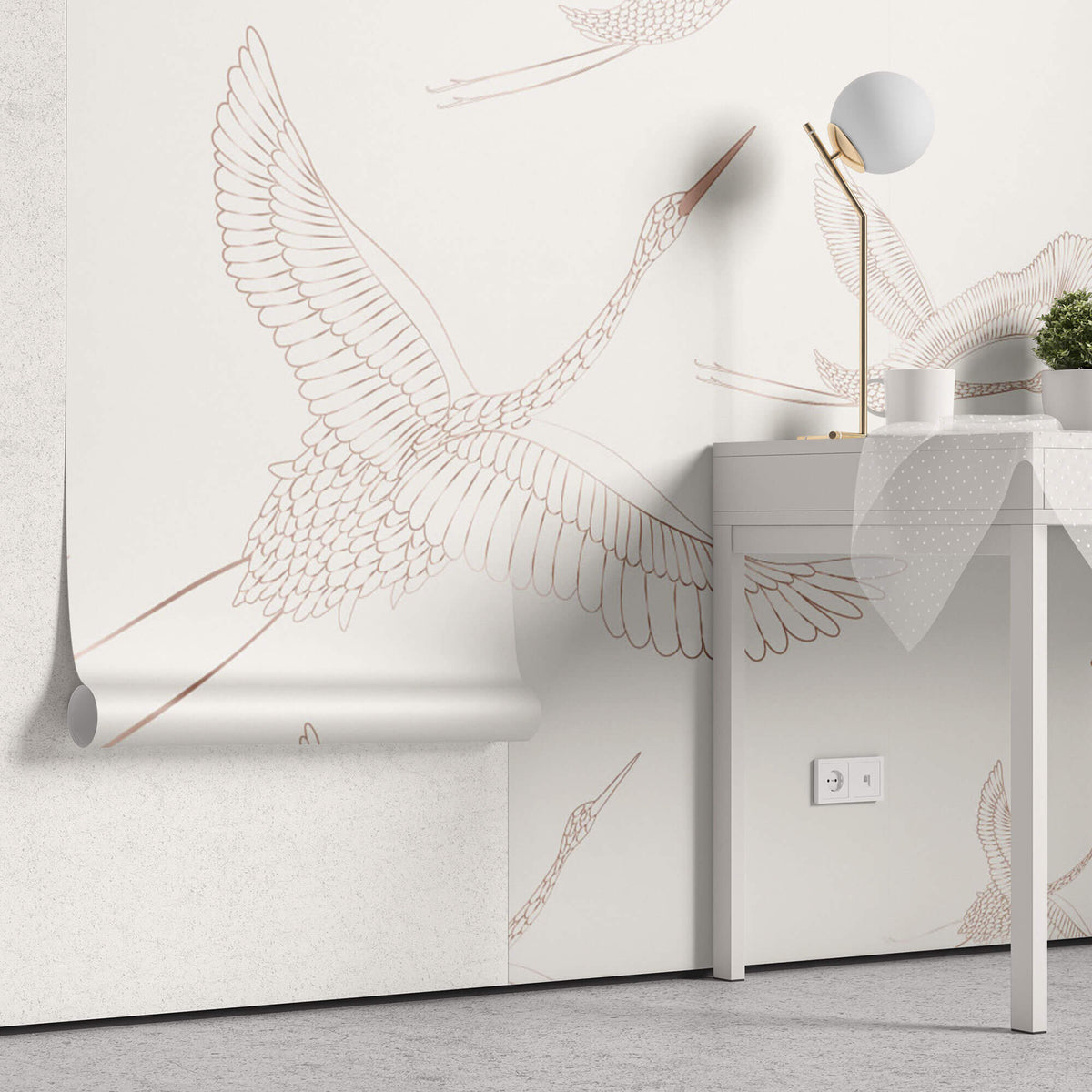 Tapet Zen Oriental cu egrete ilustrate - FLYING CRANES PATERN