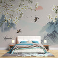 Tapet Zen Oriental cu peisaj asiatic montan cu magnolie alba inflorita si pasari - MAGNOLIA MOUNTAIN SERENITY