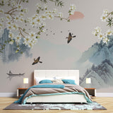 Tapet Zen Oriental cu peisaj asiatic montan cu magnolie alba inflorita si pasari - MAGNOLIA MOUNTAIN SERENITY