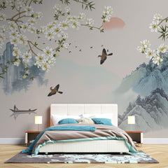 Tapet Zen Oriental cu peisaj asiatic montan cu magnolie alba inflorita si pasari - MAGNOLIA MOUNTAIN SERENITY