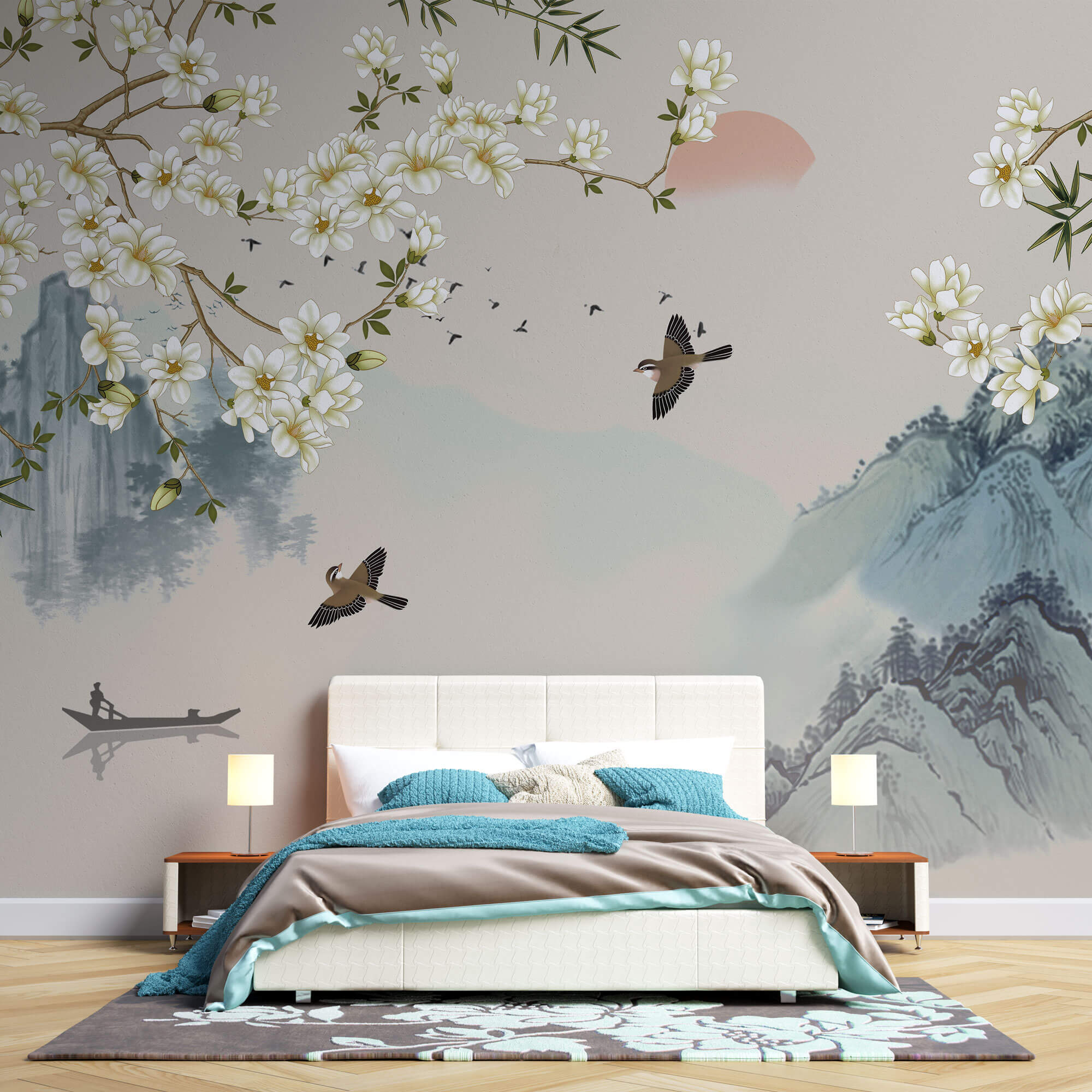Tapet Zen Oriental cu peisaj asiatic montan cu magnolie alba inflorita si pasari - MAGNOLIA MOUNTAIN SERENITY