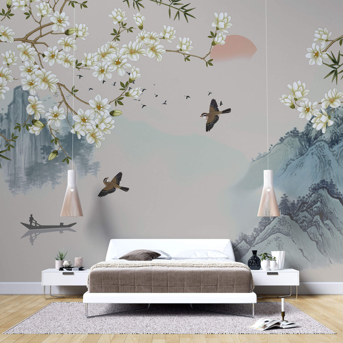 Tapet Zen Oriental cu peisaj asiatic montan cu magnolie alba inflorita si pasari - MAGNOLIA MOUNTAIN SERENITY