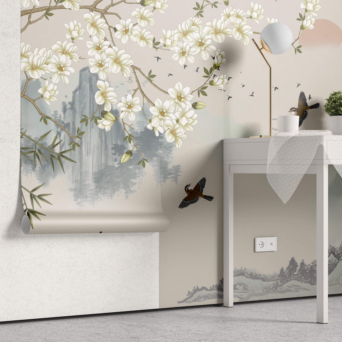 Tapet Zen Oriental cu peisaj asiatic montan cu magnolie alba inflorita si pasari - MAGNOLIA MOUNTAIN SERENITY