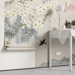 Tapet Zen Oriental cu peisaj asiatic montan cu magnolie alba inflorita si pasari - MAGNOLIA MOUNTAIN SERENITY