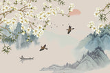 Tapet Zen Oriental cu peisaj asiatic montan cu magnolie alba inflorita si pasari - MAGNOLIA MOUNTAIN SERENITY