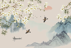Tapet Zen Oriental cu peisaj asiatic montan cu magnolie alba inflorita si pasari - MAGNOLIA MOUNTAIN SERENITY