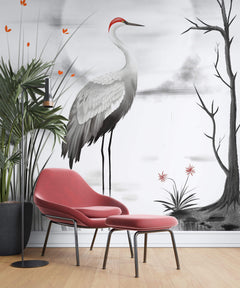 Tapet Zen Oriental cu cocor aflat pe lac - CRIMSON CROWN