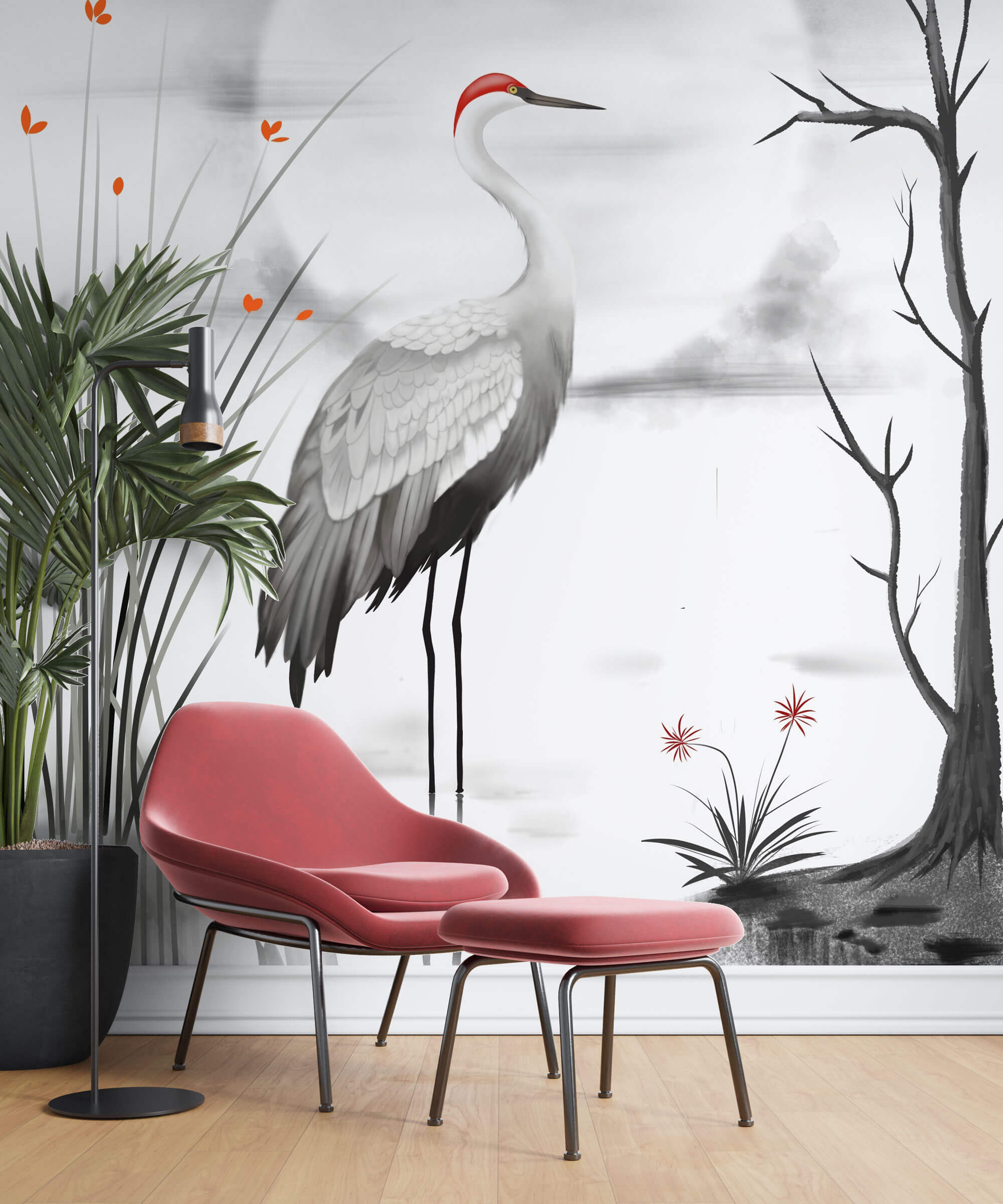 Tapet Zen Oriental cu cocor aflat pe lac - CRIMSON CROWN