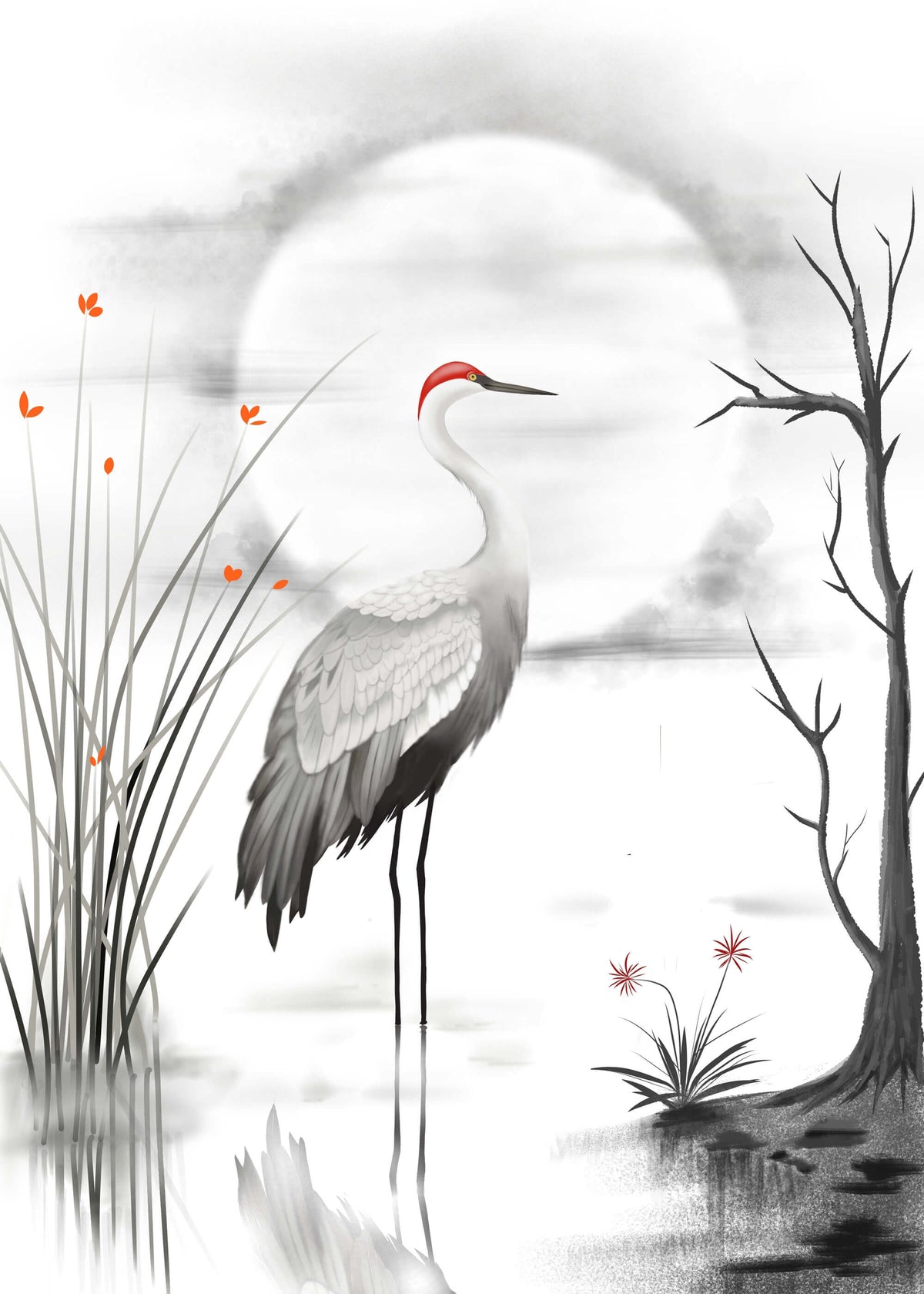 Tapet Zen Oriental cu cocor aflat pe lac - CRIMSON CROWN