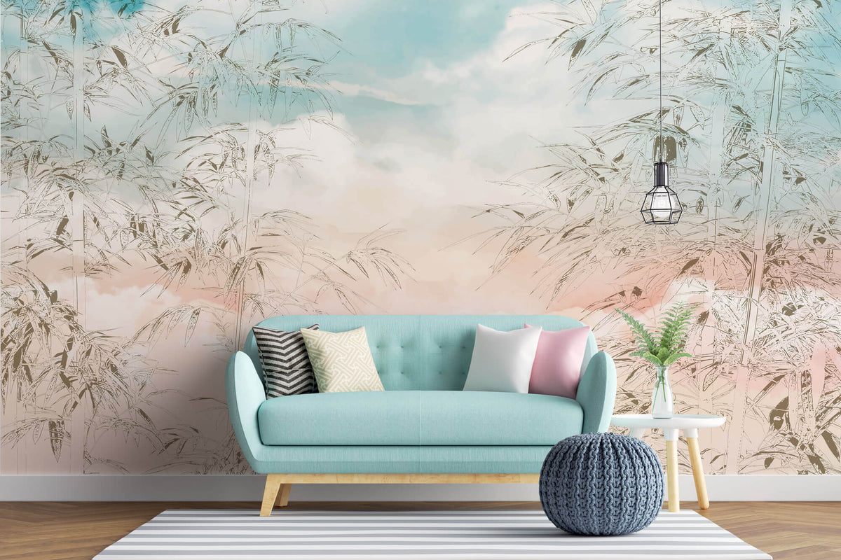 Tapet Zen Oriental cu bambusi abstracti pe un fundal rozaliu - PASTEL BAMBOO