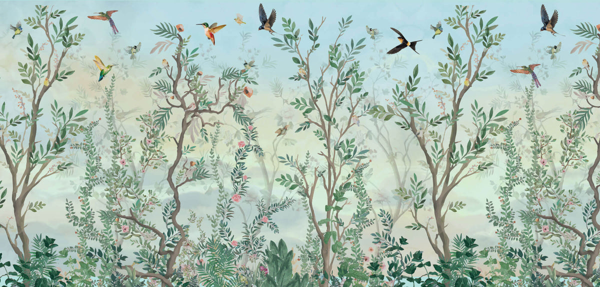 Tapet Zen Oriental cu gradina in stil chinoiserie si pasari - THE JOY OF SPRING