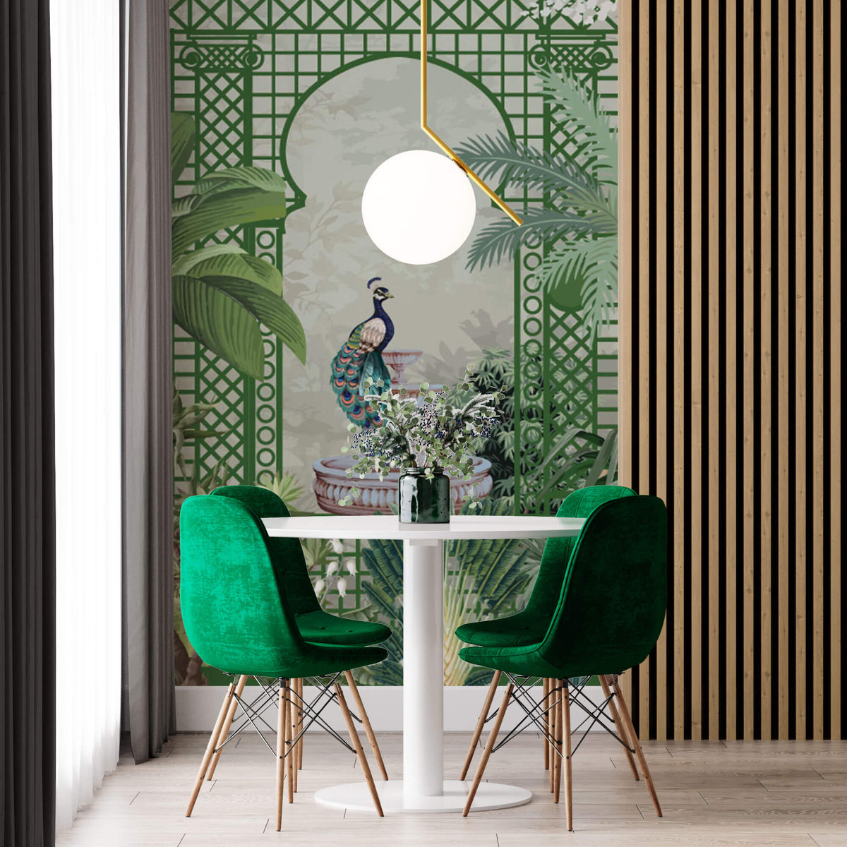 Tapet Zen Oriental cu spalier verde oriental vegetatie si pauni - THE ROYAL TRELLIS