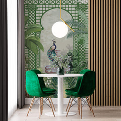 Tapet Zen Oriental cu spalier verde oriental vegetatie si pauni - THE ROYAL TRELLIS