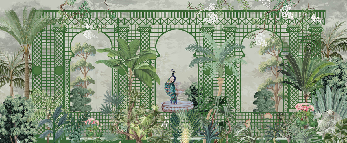 Tapet Zen Oriental cu spalier verde oriental vegetatie si pauni - THE ROYAL TRELLIS