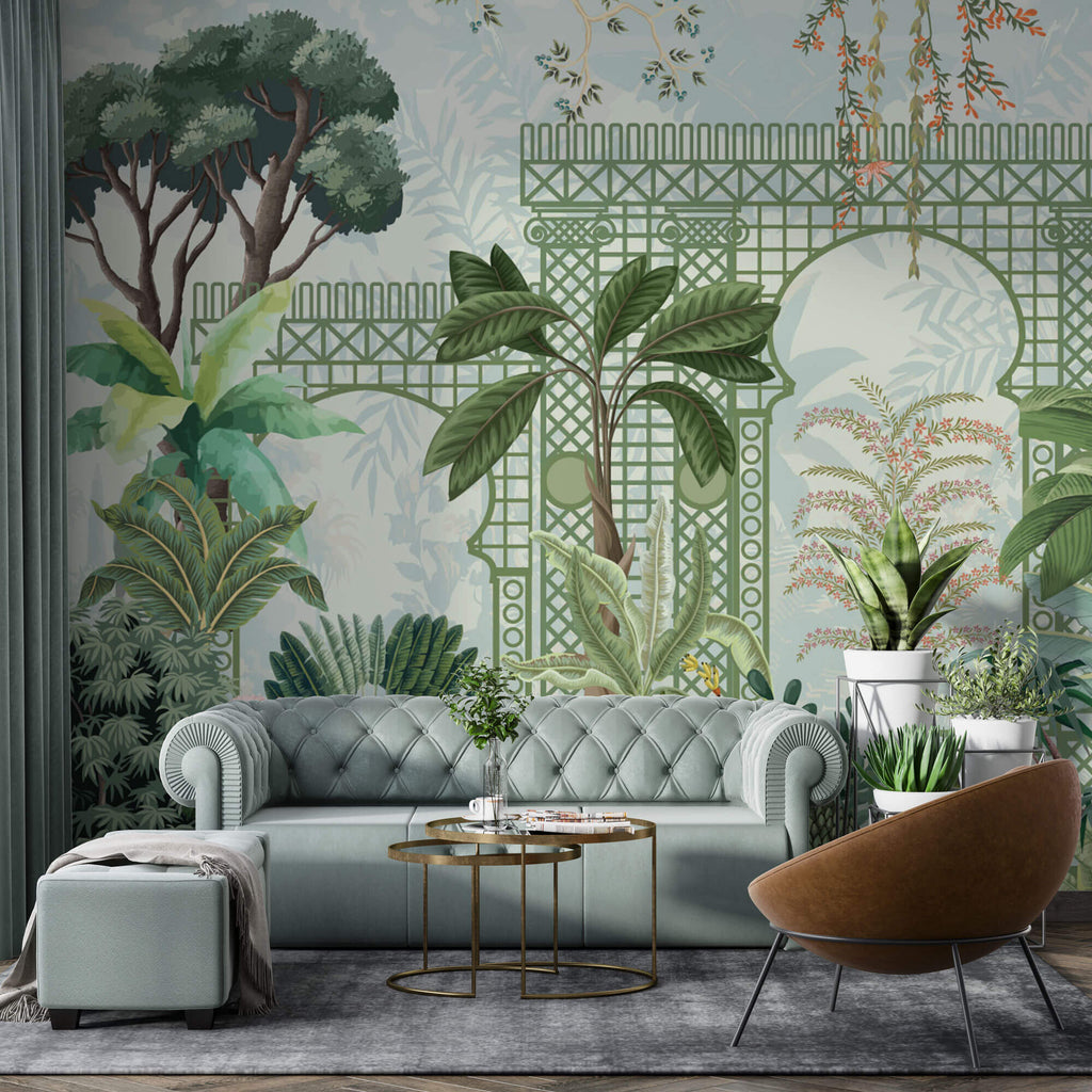 Tapet Zen Oriental cu spalier verde oriental si vegetatie densa exotica - VERDANT OASIS
