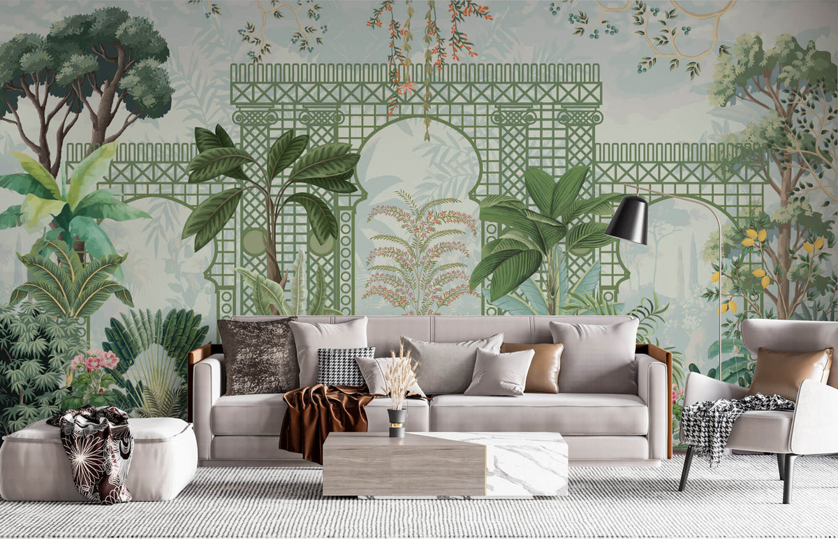 Tapet Zen Oriental cu spalier verde oriental si vegetatie densa exotica - VERDANT OASIS