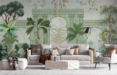 Tapet Zen Oriental cu spalier verde oriental si vegetatie densa exotica - VERDANT OASIS