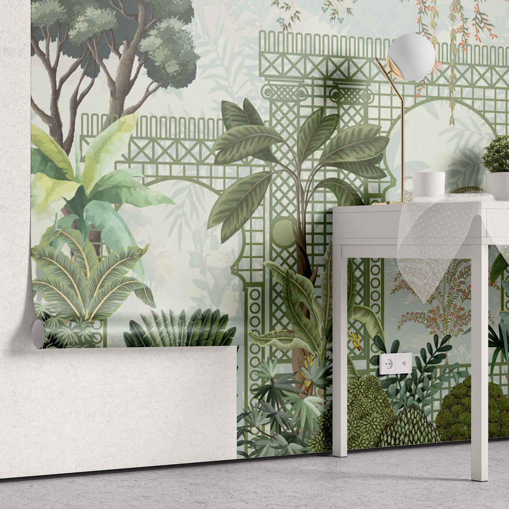 Tapet Zen Oriental cu spalier verde oriental si vegetatie densa exotica - VERDANT OASIS
