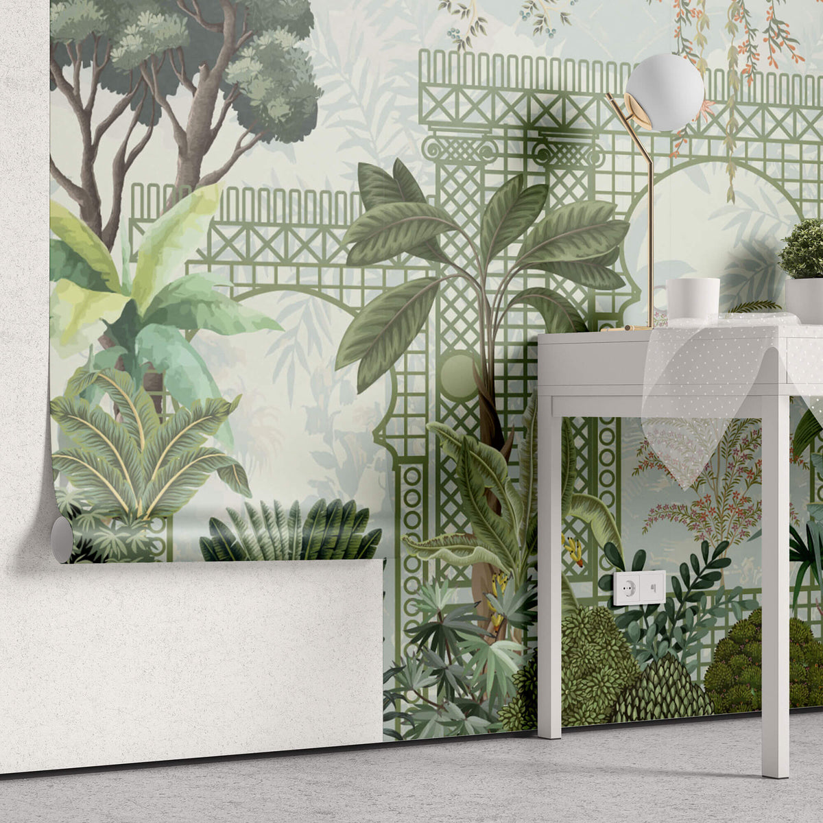 Tapet Zen Oriental cu spalier verde oriental si vegetatie densa exotica - VERDANT OASIS