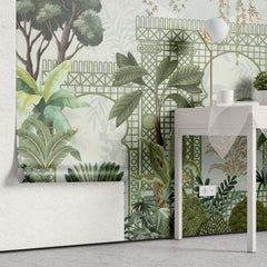 Tapet Zen Oriental cu spalier verde oriental si vegetatie densa exotica - VERDANT OASIS