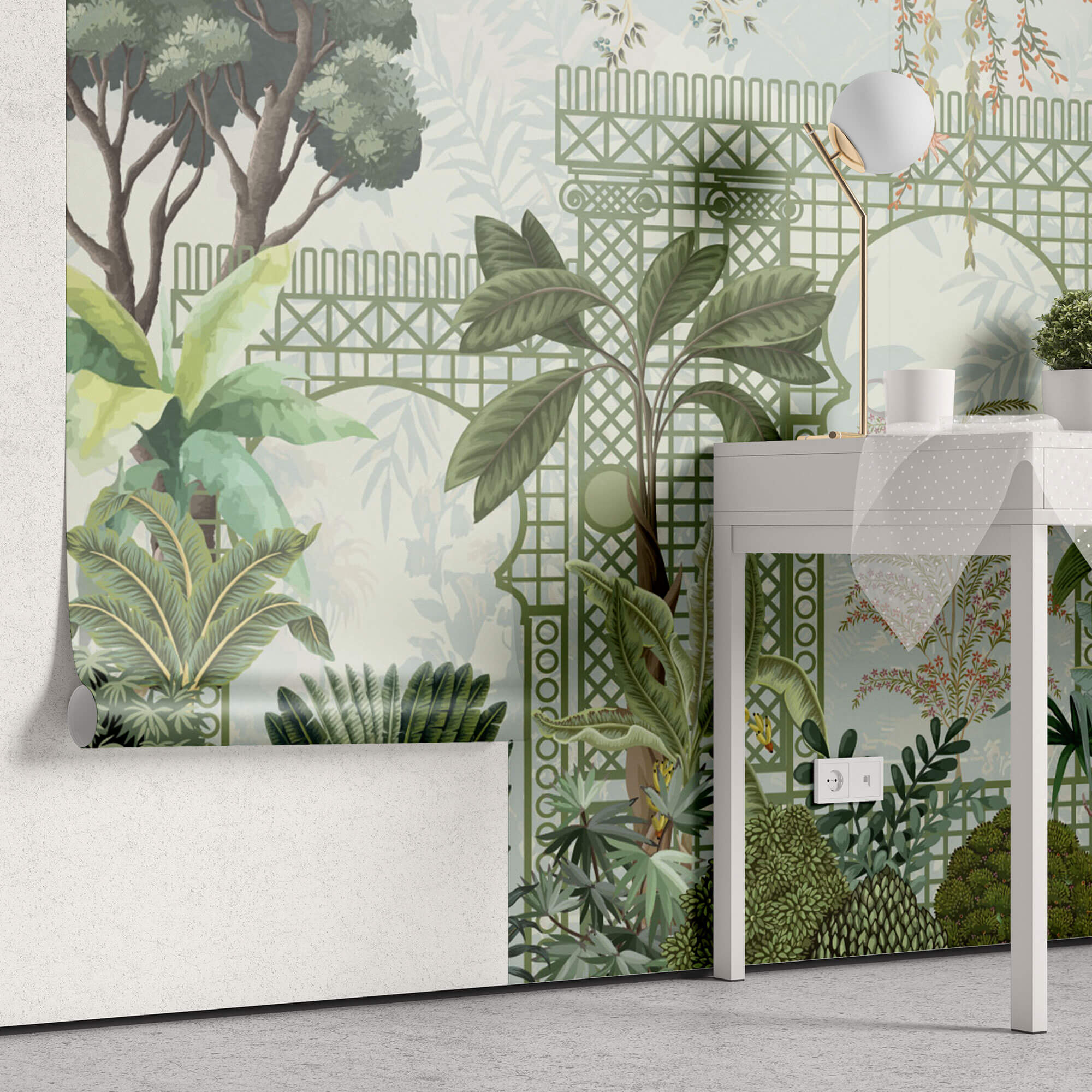 Tapet Zen Oriental cu spalier verde oriental si vegetatie densa exotica - VERDANT OASIS