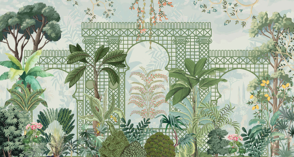Tapet Zen Oriental cu spalier verde oriental si vegetatie densa exotica - VERDANT OASIS