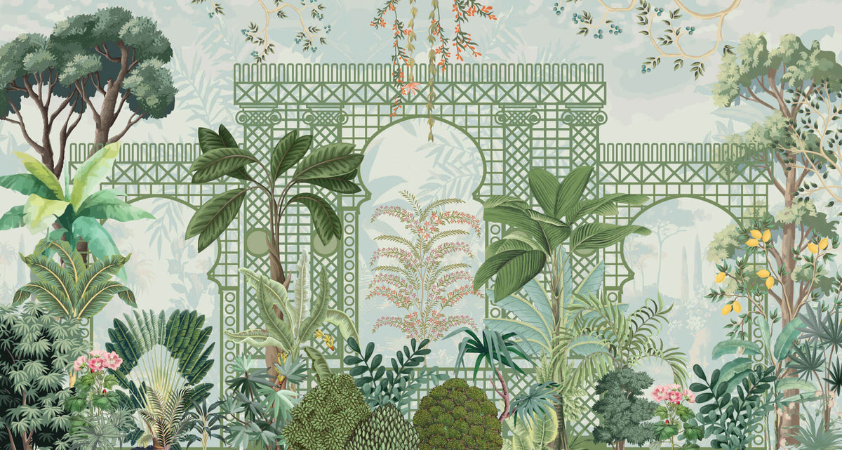 Tapet Zen Oriental cu spalier verde oriental si vegetatie densa exotica - VERDANT OASIS