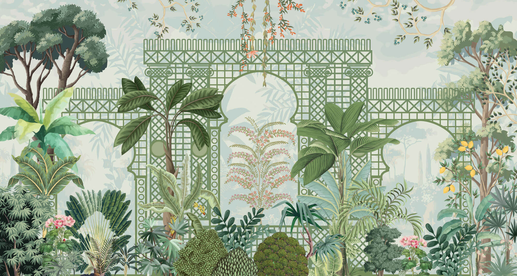 Tapet Zen Oriental cu spalier verde oriental si vegetatie densa exotica - VERDANT OASIS