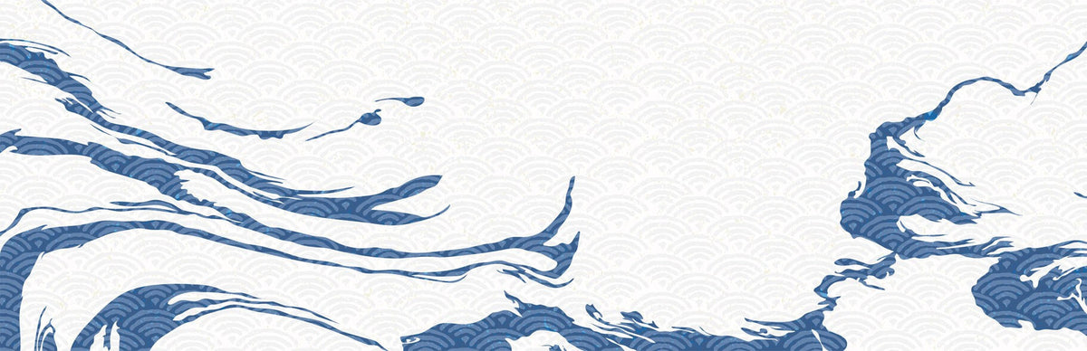 Tapet Japandi cu motive japoneze seigaiha in forma de valuri albastre - INK WASH OCEAN