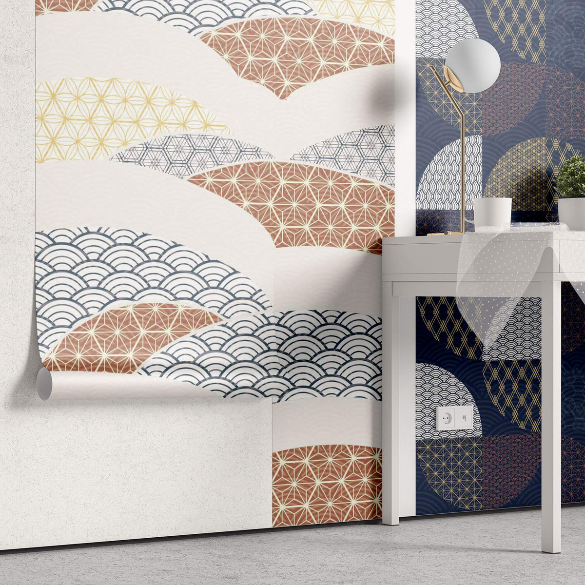 Tapet Japandi cu mix de motive japoneze seigaiha mixte in nuante - MIXED JAPANESE FABRIC