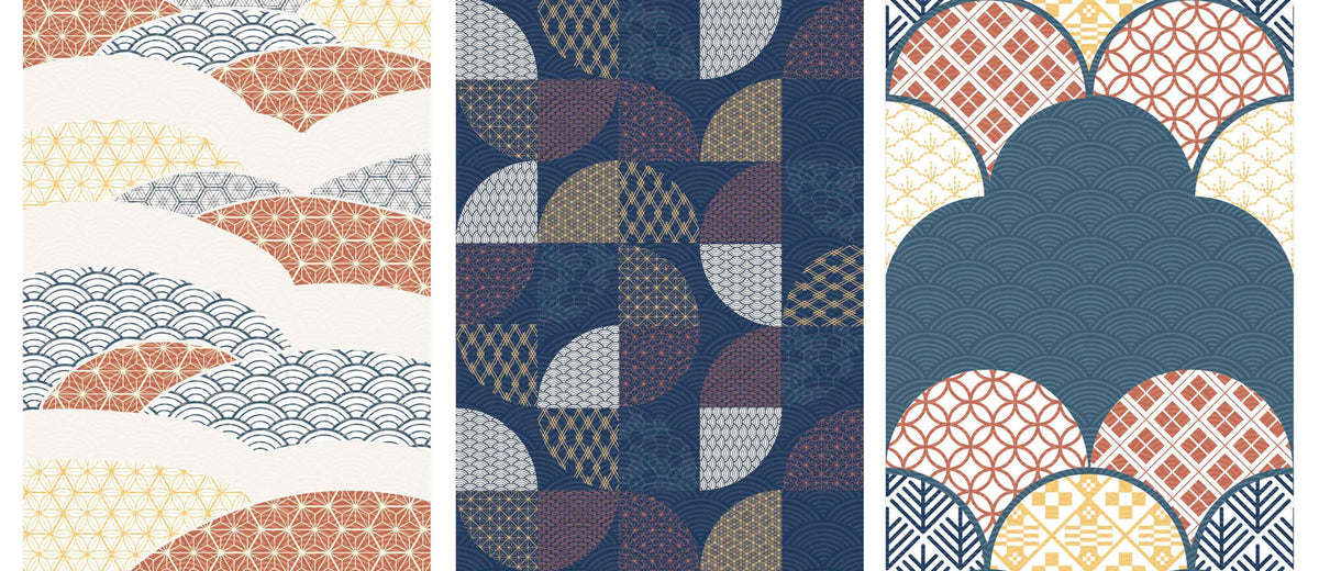 Tapet Japandi cu mix de motive japoneze seigaiha mixte in nuante - MIXED JAPANESE FABRIC