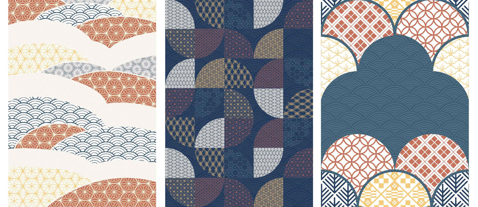 Tapet Japandi cu mix de motive japoneze seigaiha mixte in nuante - MIXED JAPANESE FABRIC
