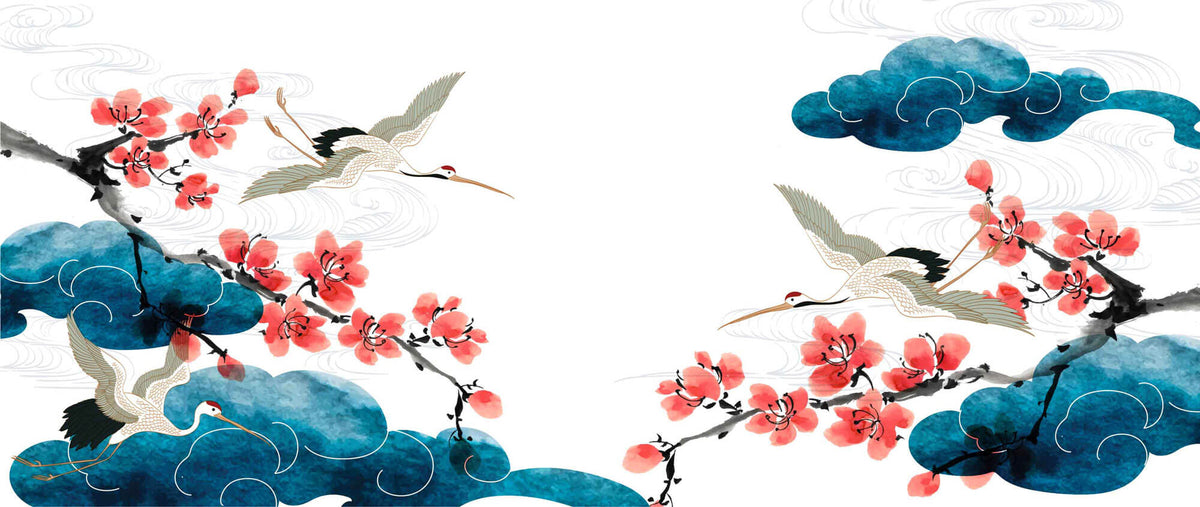 Tapet Japandi cu nori egrete si ciresi infloriti ilustrate in stil japonez - SAKURA CLOUDS
