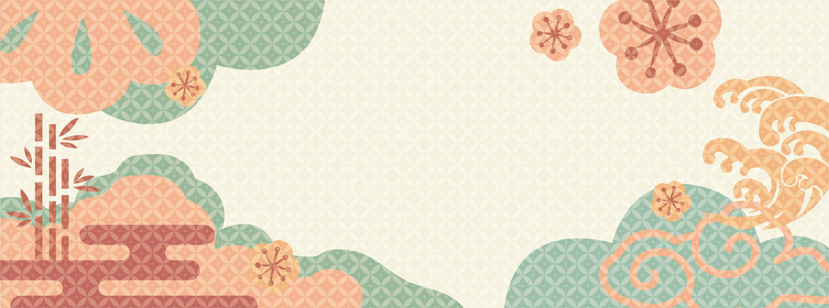 Tapet Japandi cu motive japoneze si flori in nuante de verde si portocaliu - WAGASHI